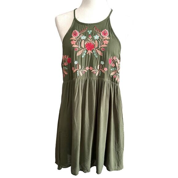 ENTRO Floral Embroidered Army Green Sleeveless Mini Sundress -Medium - Picture 1 of 5